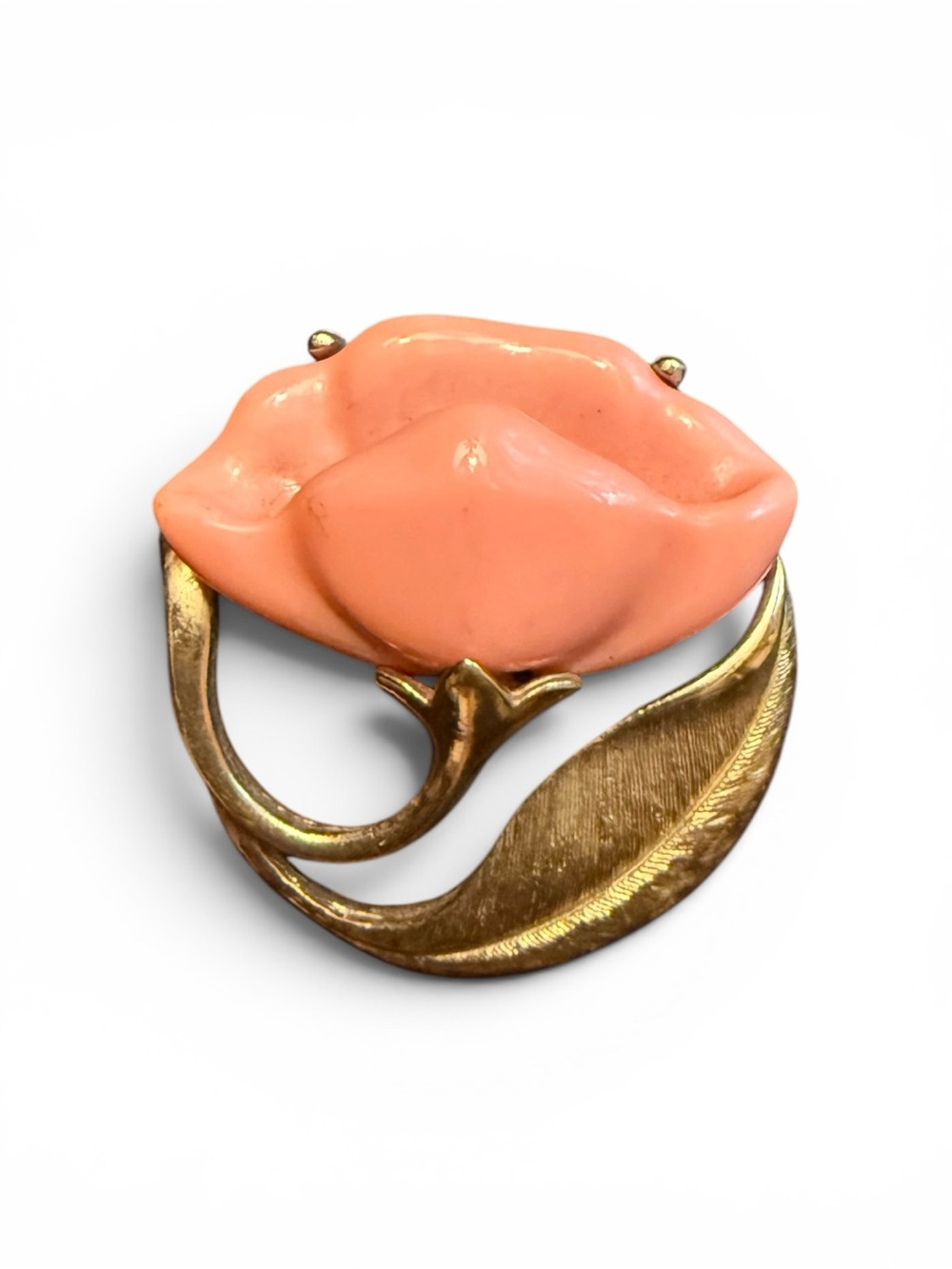 Avon Coral Pink Enamel Rose Brooch with Gold-Tone Leaf